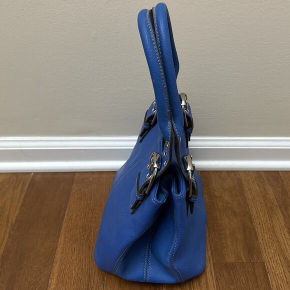 Tignanello Perfect 10 Handbag Purse Blue Pebbled Leather Double Handles - Picture 8 of 12